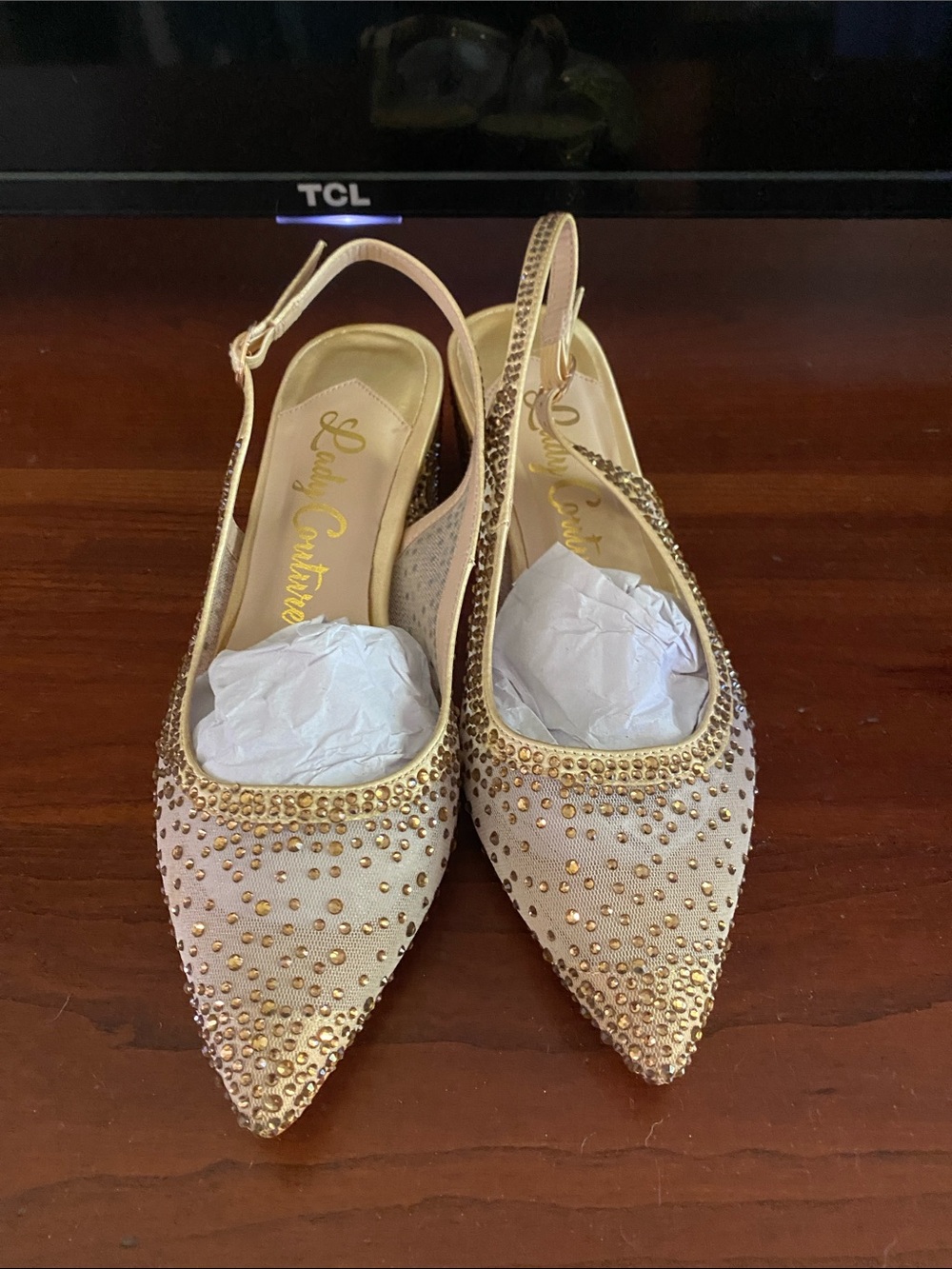 Lady Couture Gold Crystal-Embellished Pointed Slingback Mules